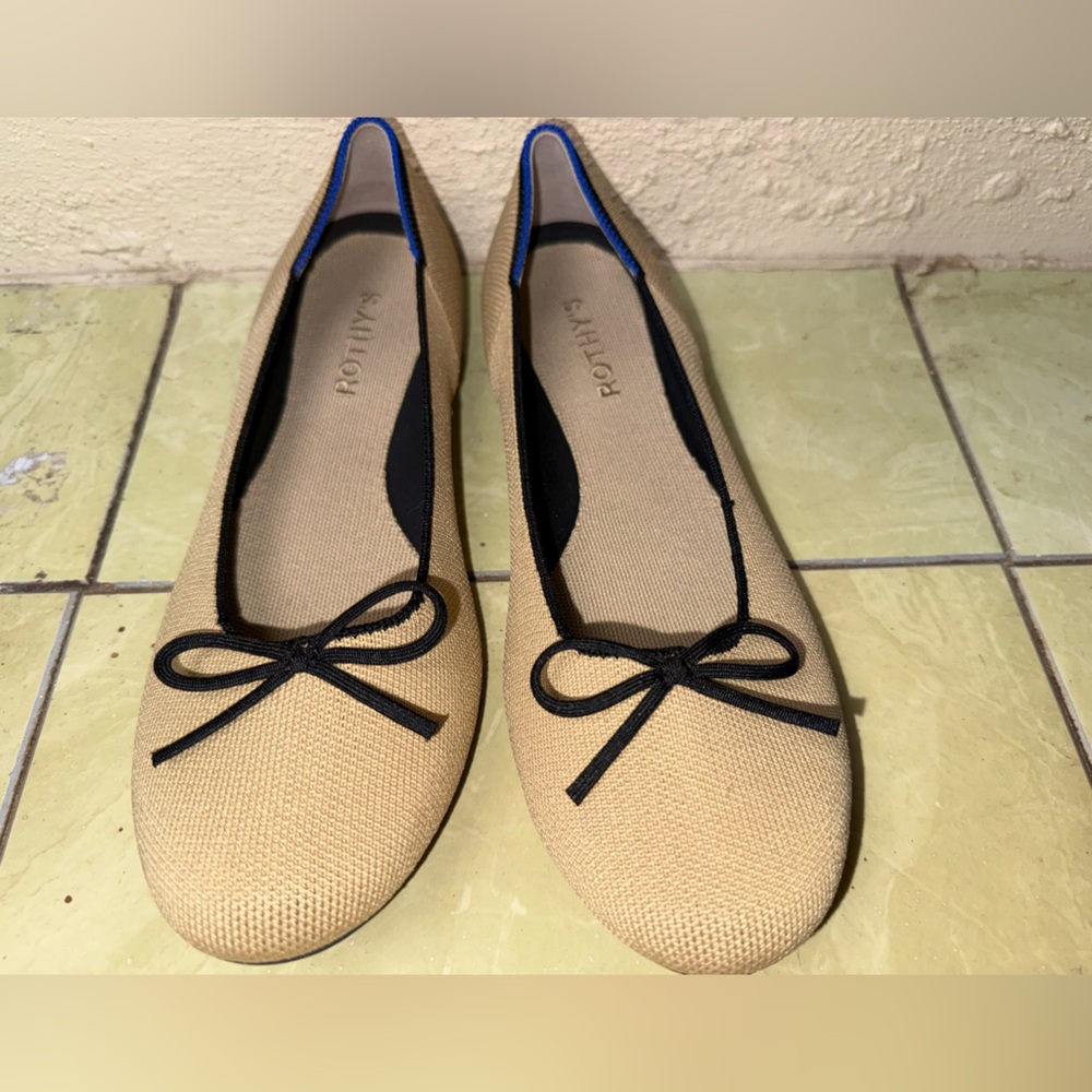 Rothy’s Tan Knit Ballet Flats Black Bow Round Toe Sustainable Size 9.5 - Picture 6 of 9